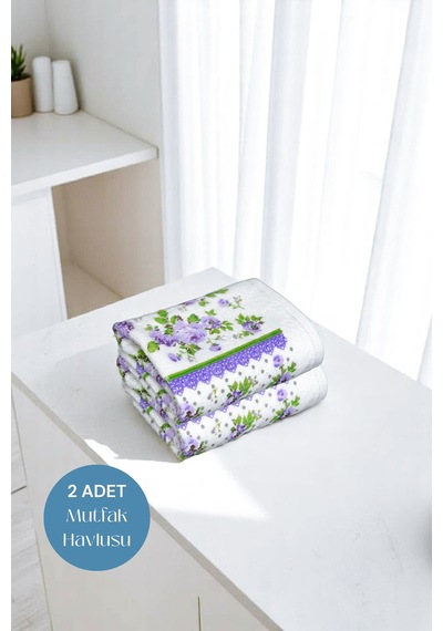 2li Paket Baskılı Beyaz Mutfak Havlusu Modeli Lila Güller