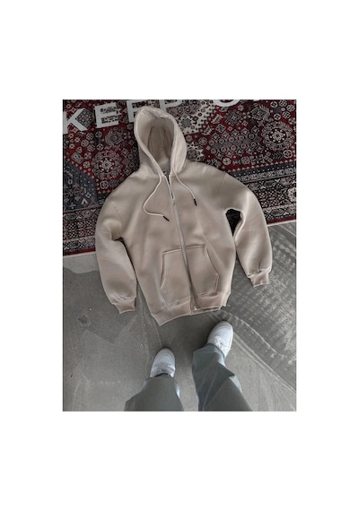 Kadın 3 İplik Pamuklu Kapüşonlu Kanguru Cepli Baskılı Oversize Hoodie Sweatshirt - Bej