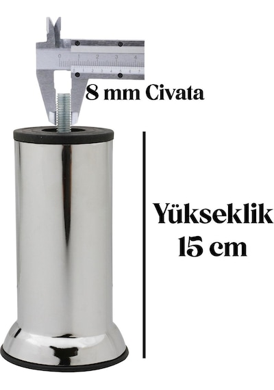 Mobilya, Kanepe, Koltuk, Baza, Çekyat, Dolap Yükseltme Ayağı M8 Ince Diş Krom Ayak 15cm 4 Adet Krom