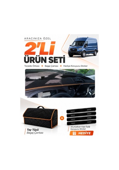 Ford Transit Tip 2 2020-2025 Uyumlu Torpido Örtüsü + Tay Tüyü Çanta + Sticker - Siyah Kahverengi
