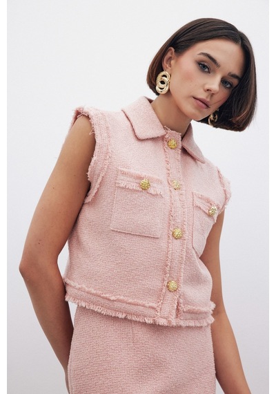 Sateen Simli Tüvit Yelek - Pudra-135292 Pudra