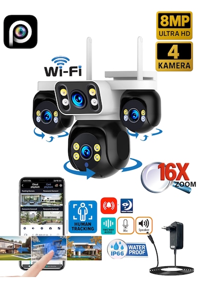 Hieasy 8mp 4 Kameralı Wifi 16x Zoom Hieasy Gece Görüş Çift Yönlü Ses Uzaktan İzleme Kişi Takibi Türkçe Es-5804