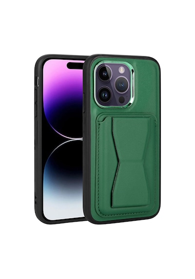 Zore İphone 14 Pro Uyumlu Kartlıklı Standlı Pu Deri Ogaa Memo Kılıf-koyu Yeşil