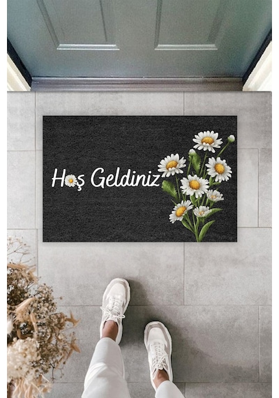 Rugmood Modern Dijital Baskı Papatya Çiçek Desenli Kapı Önü Paspası 70x45 Siyah