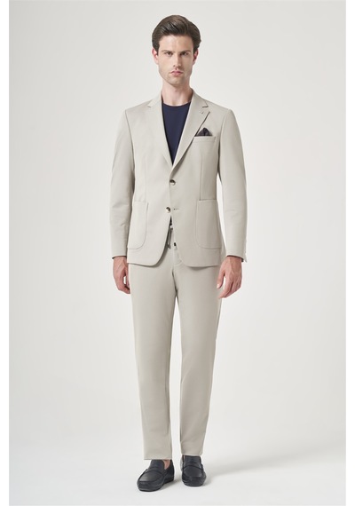 İmza Bej Mono Yaka 6 Drop Slim Fit Esnek Beli Lastikli Takım Elbise 1001260165