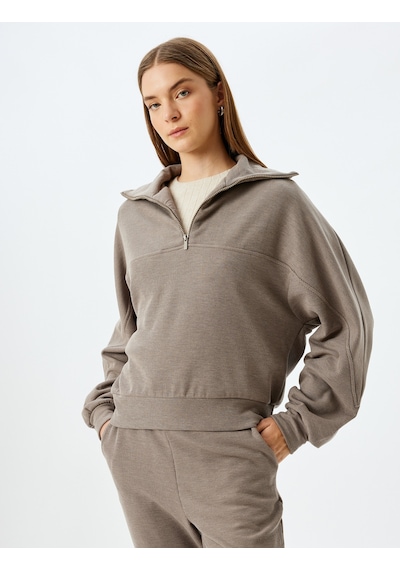 Koton Uzun Kollu Yarım Fermuar Detaylı Dik Yaka Örme Pijama Üstü Gri 5wlk40085mk Gri