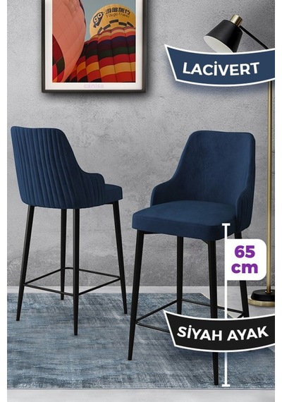 Canisa Tera Serisi 2 Lacivert Sandalye 65 Cm Ada Mutfak Bar Sandalyesi Babyface Kumaş Siyah Metal Ayaklı Sandalyeler Lacivert Ayaklar Siyah