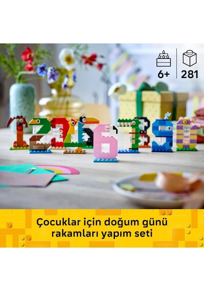 LEGO® Doğum Günü Rakamları 40807 – 6 Yaş ve Üzeri Çocuklar için Hayvanlı Masa ve Süs İçeren Eğitici Oyuncak Yapım Seti (281 Parça)