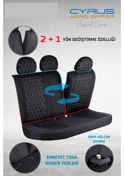 Hyundai İ20 Active Deri Detaylı Oto Koltuk Kılıfı Ön Arka Set Cyrus Siyah Beyaz