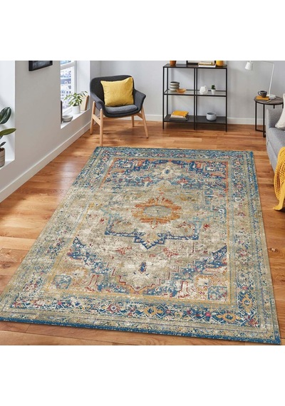 Latte Dizayn Kenzie Kadife Pamuk Tabanlı Yıkanabilen Kaydırmaz Antibakteriyel Salon Halısı 80x150 Çok Renkli