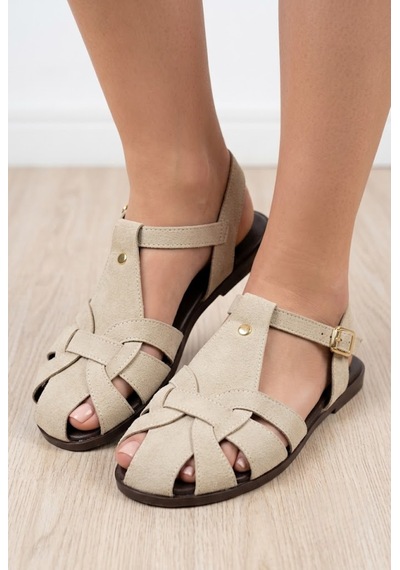 Shoetek Owsa Kadın Sandalet Bilekten Bağlı Çapraz Bantlı Bej Süet