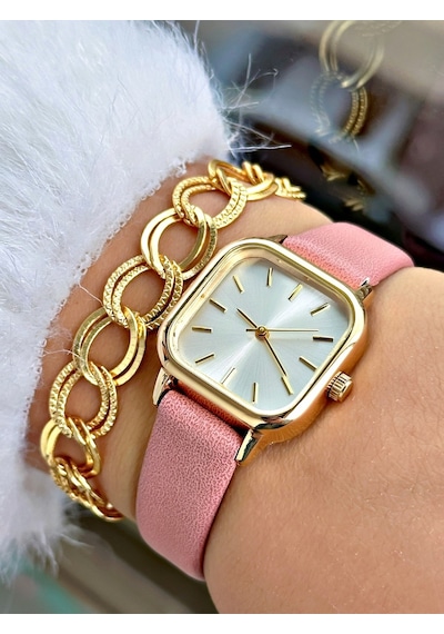 Özel Kare Classic Tasarım Metal Kasa Vintage Modeli Kadın Kol Saati-bileklik Hediyeli Pembe