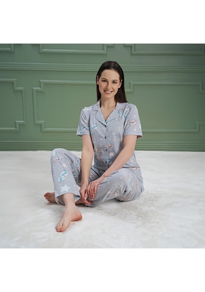 Over Sleep By Poleren Over Sleep 976 Kadın Kısa Kol Önden Düğme Pijama Takım Gri