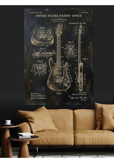 Gitar Teknik Planı Sanat Tasarımı Dekoratif Kanvas - Mdf Ahşap Tablo