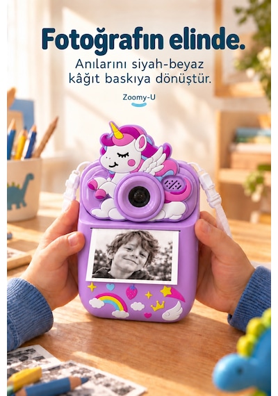 Kj/zm-004 Zoomy-u Unicorn Figürlü Anında Baskılı Çocuk Fotoğraf Makinesi, Çift Kamera, 2,4 İnç Ekran, 1080p Video, 3+ Yaş Mor