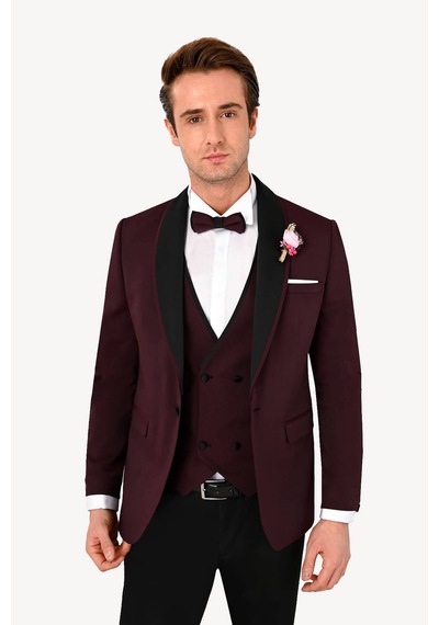 Ysf Erkek Bordo Slim Fit Yelekli Çıkma Şal Yaka Damatlık