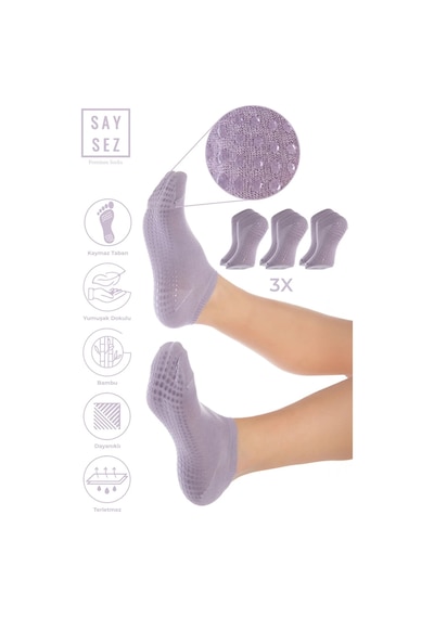Saysez Bambu Kadın Kaydırmaz Taban Lila-mor Silikon Baskı Pilates Yoga Fitness Dans Aktivite Patik 3'lü Renkli