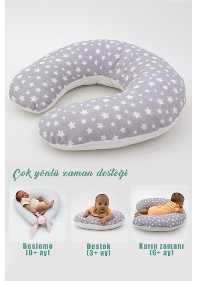 Çift Taraflı Emzirme Yastığı /bebek Destek Minderi, Hamile Yastığı, Pamuklu Kumaş, Stars Desen, Gri