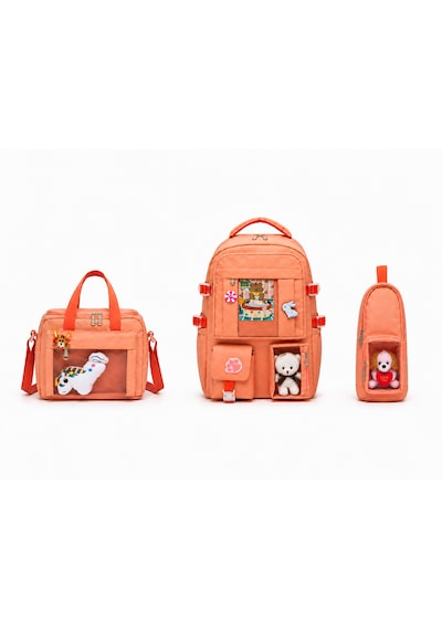 Quovo Kawaii Kore Tarzı Full Aksesuarlı Yerli Günlük Okul Çantası Kız Erkek Beslenme Kalemlik Çanta Seti Eflatun