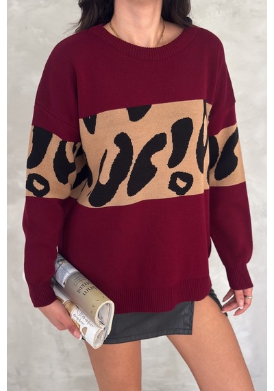 Femelle Kadın Bordo Standart Beden Leopar Desen Oversize Triko Kazak