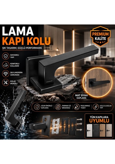 Lama Premium Siyah Kapı Kolu Modern Mat Siyah Oda Kapısı Kolu Dayanıklı İç Kapı Kolu