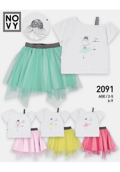 Novy Baby Tüllü Etek Düşük Omuzlu Tshirt Kız Çocuk 2'li Takım - 2-9 Yaş