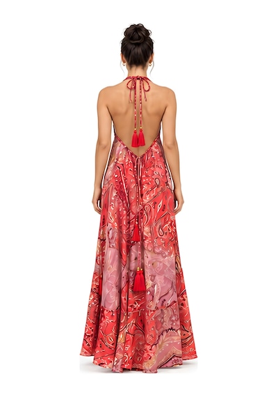 Lili Woman Kadın Kırmızı Ombreli Batik Desenli Halter Yaka Otantik Maxi Elbise Mo.melb01k
