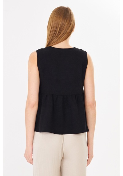 Sortie Collection V Yaka Tek Düğmeli Peplum Siyah Keten Bluz