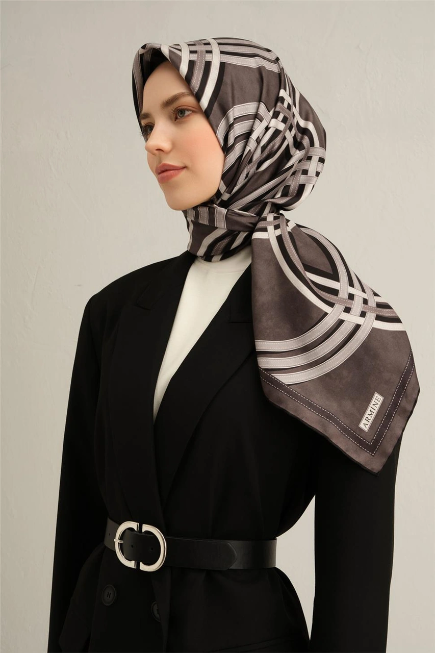 Armine Klasik Desenli Saf İpek Twill Eşarp 9333d 85 Füme