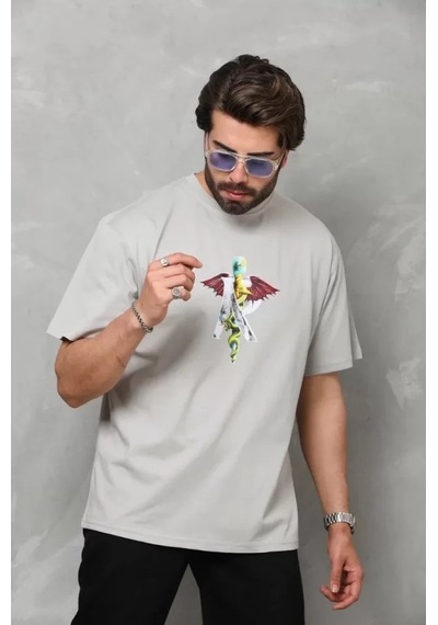 Efnaz Style Unisex Bisiklet Yaka Baskılı Oversize T-shirt - Gri