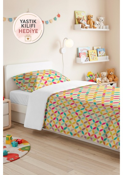 Renkli Geometrik Genç Odası Tek Kişilik Pike Takımı - Turkuaz Sarı 160x220 Cm Kapitone Yatak Örtüsü Buharlı Halı Aralığı