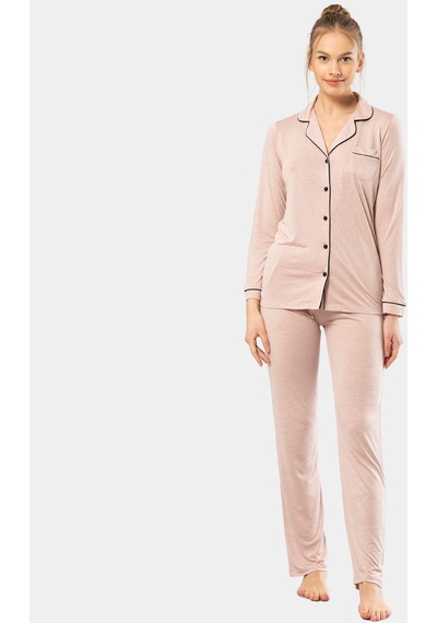 Türen Düz Uzun Kollu Gömlek Yaka Pijama Takım 3365/pudra 001