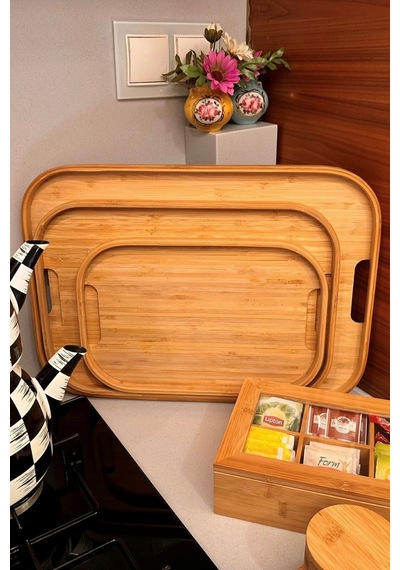 Makri Home Bambu Dikdörtgen 3'lü Tepsi Seti, Küçük Tepsi: 22x33 Cm, Orta Tepsi: 28x40 Cm, Büyük Tepsi: 33x45 Cm Ahşap