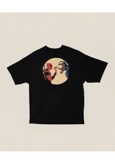 Deadpool X Venom Baskılı Unisex Tişört, Oversize Marvel Film Kara Siyah