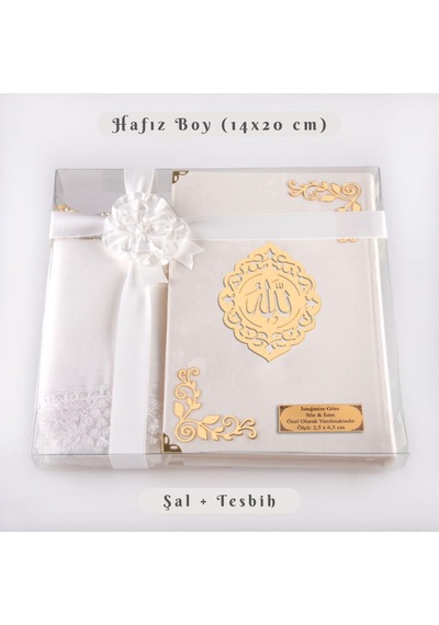 Şal + Tesbih + Kuran Hediye Seti Hafız Boy, Kadife, Şems Lafzatullah, Beyaz