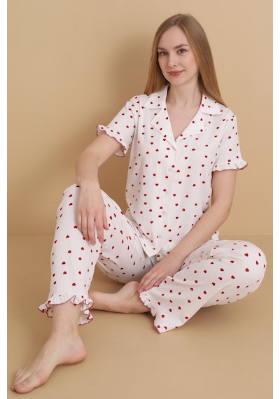 Wordex Mirano 3852 Kalp Desenli Bürümcük Gömlek Yaka Düğmeli Kısa Kollu Kadın Pijama Takımı Beyaz Wordex Mirano 3852 Kalp Desenli Bürümcük Gömlek Yaka Düğmeli Kısa Kollu Kadın Pijama Takımı Beyaz