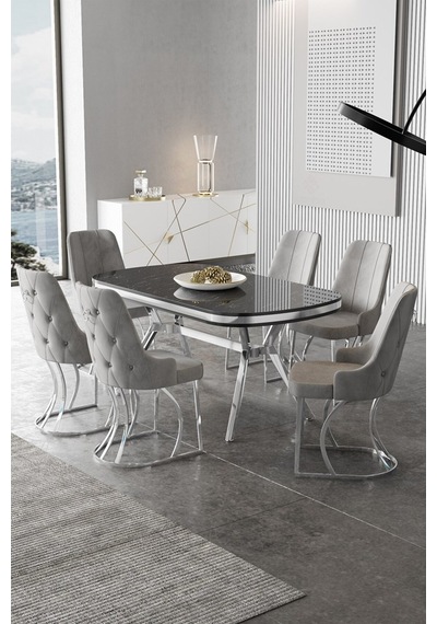 Canisa Epal Serisi 90x168 Lak Panel Siyah Mermer Desen Krom Ayaklı Masa Takımı Ve 6 Gri Sandalye Masa Siyah Mermer Desen Sandalye Gri Canisa Epal Serisi 90x168 Lak Panel Siyah Mermer Desen Krom Ayaklı Masa Takımı Ve 6 Gri Sandalye Masa Siyah Mermer Desen Sandalye Gri