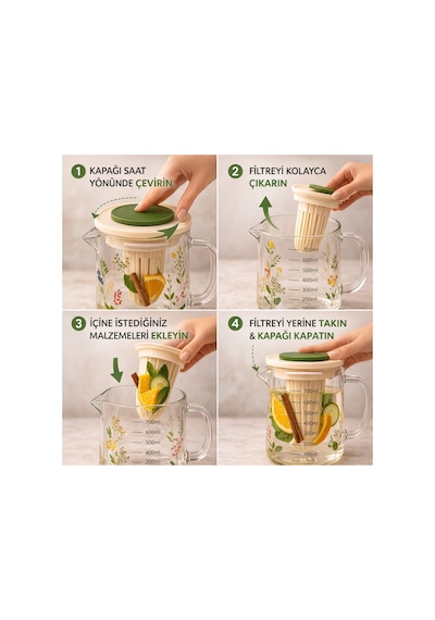 Isıya Dayanıklı Borosilikat Cam Bitki Çayı Ve Detox Demliği,süzgeçli,ölçekli,kulplu Sürahi,900 Ml Diğer