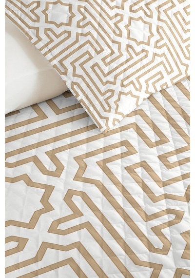 Bej Geometrik Genç Odası Tek Kişilik Pike Takımı - Ekru İskandinav 160x220 Cm Kapitone Yatak Örtüsü Mat Kahve İzi