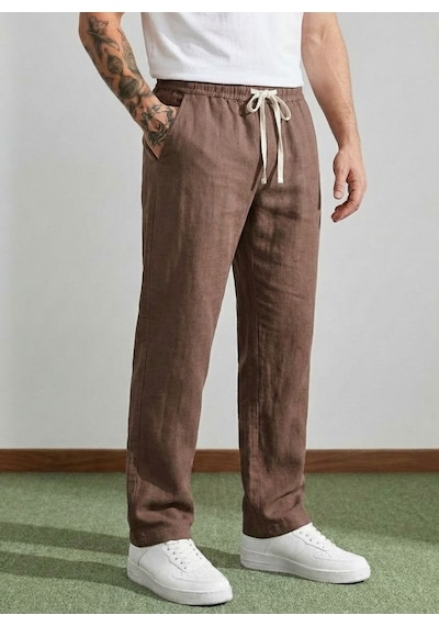 Danger Erkek Baggy Kalıp Beli Lastikli Pamuk Keten Görünümlü Pantolon Kahverengi 1007dngr
