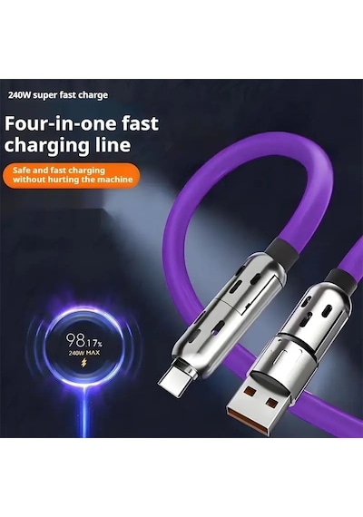 4 İn 1 240w A Kadar Şarj Destekli Şarj Kablosu Usb-c Lightning Usb Çok Çıkışlı Işıklı Hızlı Şarj Data Kablosu