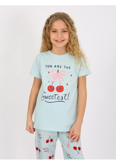 Kız Çocuk Kısa Kollu %100 Pamuklu Pijama Takımı Cherry Mint