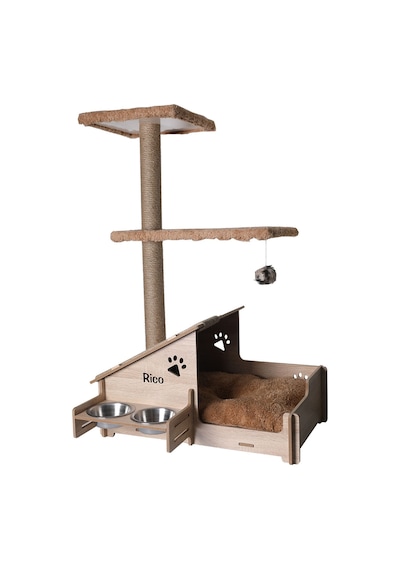 Çok Amaçlı Katlı Kedi Evi-isim Baskılı-ahşap Mdf-tırmalama Çubuklu-kahverengi-çelik Kase-2 350