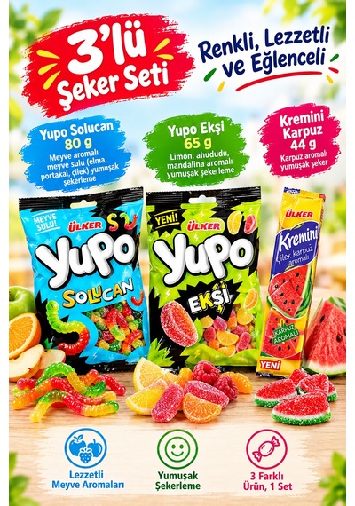 Ülker 3'lü Yumuşak Şeker Seti Yupo Solucan 80 G + Yupo Ekşi 65 G + Kremini Karpuz 44 G