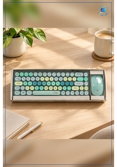 Kablosuz Klavye Mouse Set Yeşil Yuvarlak Tuşlu Masaüstü Ofis Ve E Optik