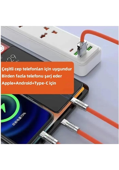Zhltools 3 İn 1 Usb To Type-c - Micro Usb - Lightning 120w Hızlı Şarj Kablosu 1.2 Metre Turuncu