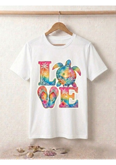 Tropikal Sahil Temalı Love Baskılı Kompak T-shirt Beyaz