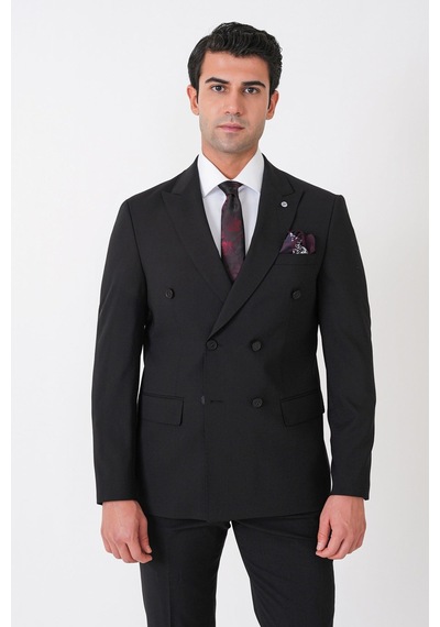 Efor Slim Fit Esnek %97 Yünlü Düz Siyah Kruvaze Takım Elbise Tk 956