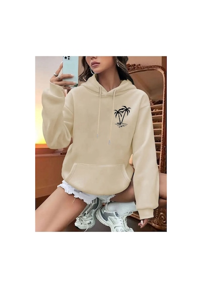 Medinenur Palmiye Baskılı Cepli Kapüşonlu Sweatshirt Bej