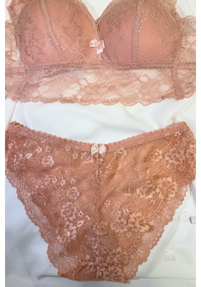 Kadın Üçgen Dantel Bralet Desteksiz Sütyen Takım Pudra
